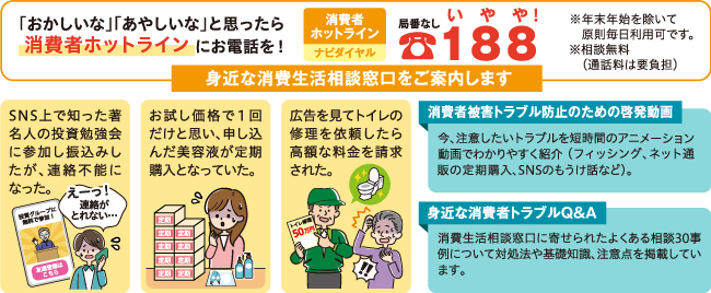 おかしいな、あやしいなと思ったら消費者ホットラインにお電話を！消費者ホットラインナビダイヤル　局番無し188（いやや）