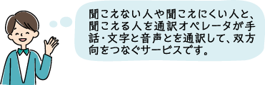 聞こえない人や聞こえにくい人と、聞こえる人を通訳オペレータが手話・文字と音声とを選択して、双方向をつなぐサービスです