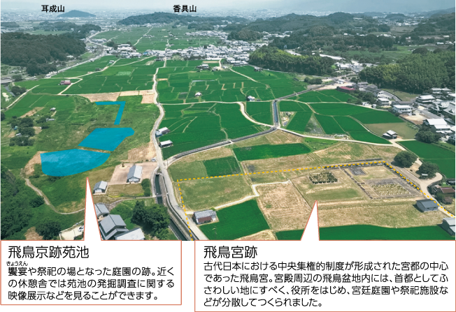 飛鳥京跡苑池、飛鳥宮跡の上空からの写真