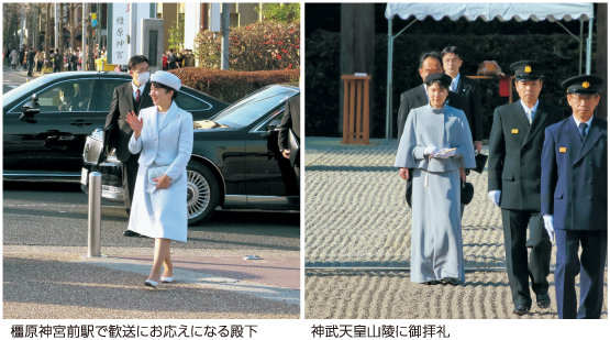 橿原神宮前駅で歓送にお応えになる殿下　神武天皇山陵に御拝礼