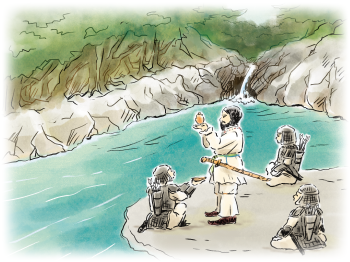 香具山の土で作った厳瓮に酒を入れ、平瓮とともに夢淵の清らかな流れに沈める場面の挿絵