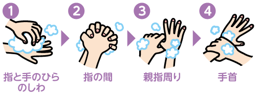 1 指と手のひらのしわ　2 指の間　3 親指周り　4 手首