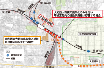 大和西大寺駅の高架化・近鉄奈良線の移設地図
