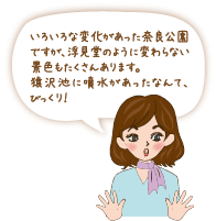 いろいろな変化があった奈良公園ですが、浮見堂のように変わらない景色もたくさんあります。猿沢池に噴水があったなんて、びっくり!