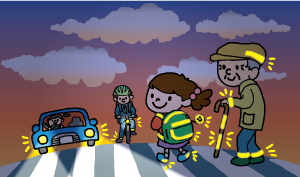 車や自転車のライト点灯、歩行者の反射材活用イラスト
