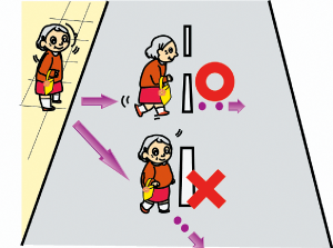 道路は斜めに横断せず、真っすぐに渡りましょう