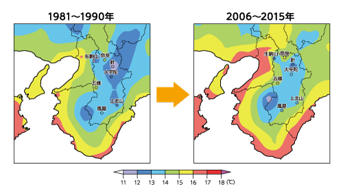 1981~1990年から2006~2015年の気候変動図