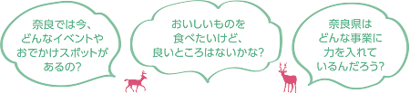 奈良では今、どんなイベントやおでかけスポットがあるの? おいしいものを食べたいけど、良いところはないかな? 奈良県はどんな事業に力を入れているんだろう?
