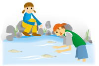 子どもたちがきれいな川で遊んでいるイラスト。