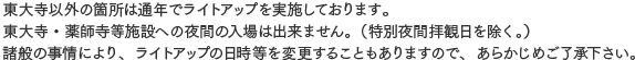 東大寺以外の箇所は通年でライトアップを実施しております。東大寺大仏殿・南大門は7月19日(土/sat)～9月28日(日/sun)東大寺・薬師寺等施設への夜間の入場は出来ません。（特別夜間拝観日を除く。）