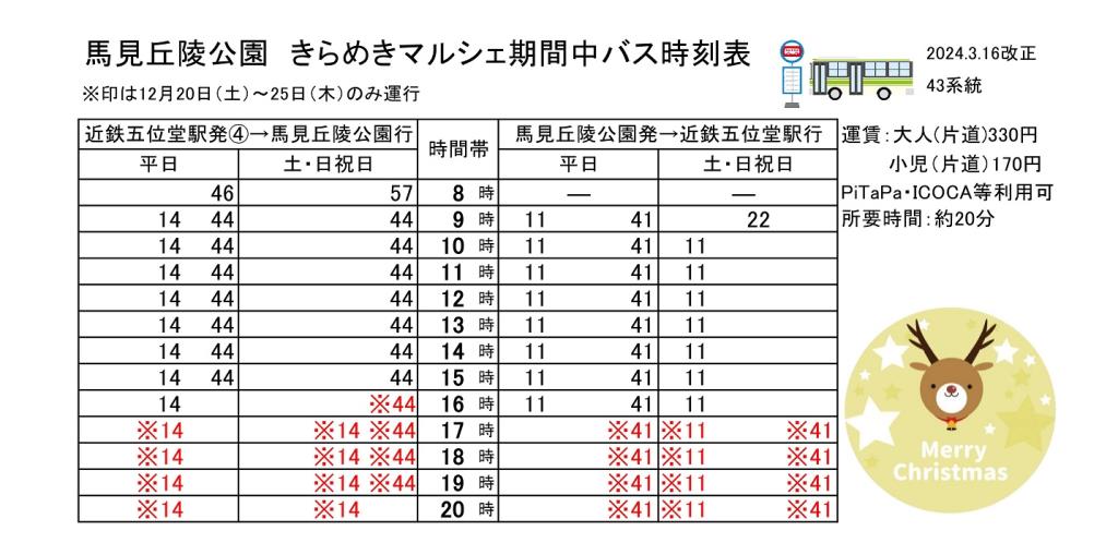 馬見丘陵公園きらめきマルシェ期間中バス時刻表