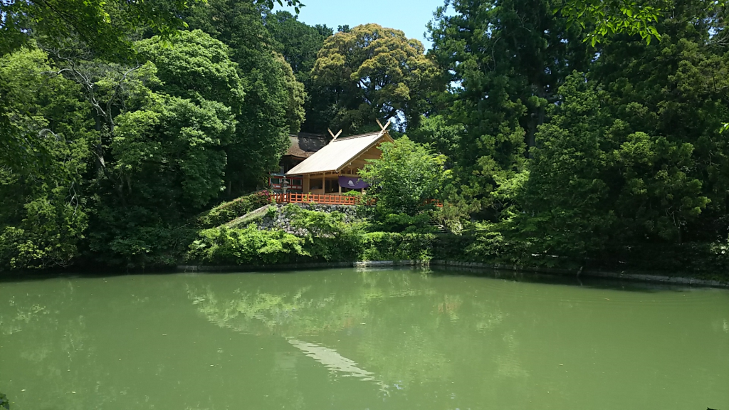 普段の宮池と高鴨神社拝殿