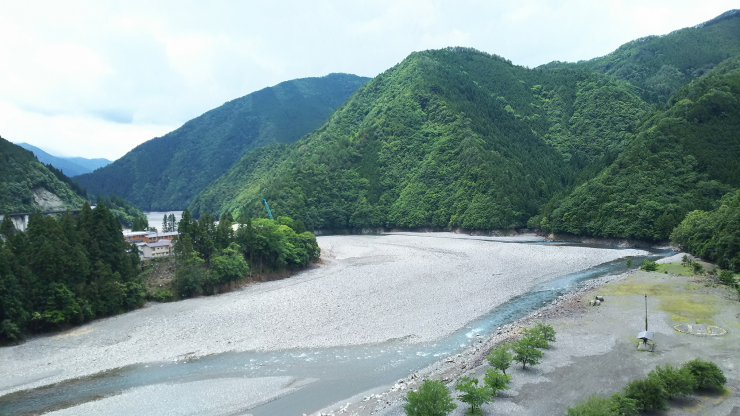 吊り橋中腹から下流を望む