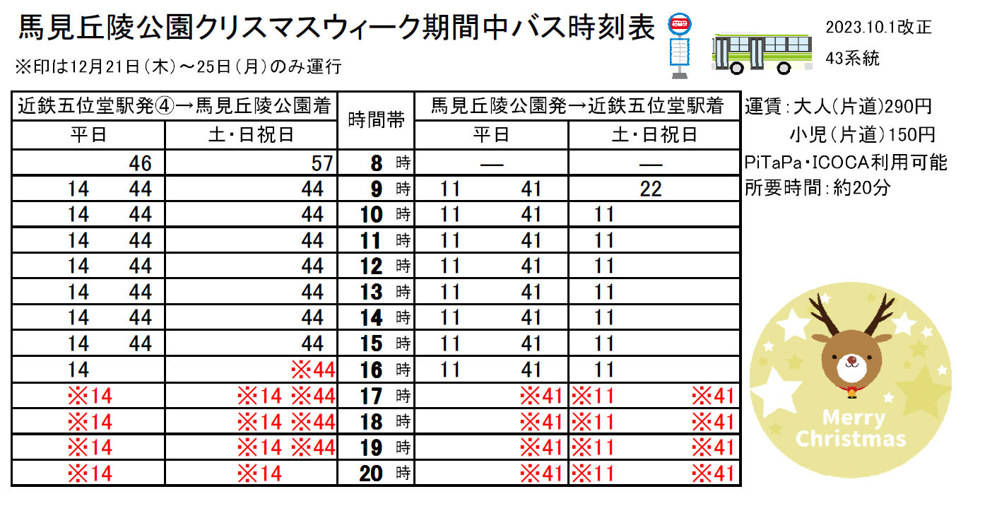 馬見丘陵公園クリスマスウィーク期間中バス時刻表