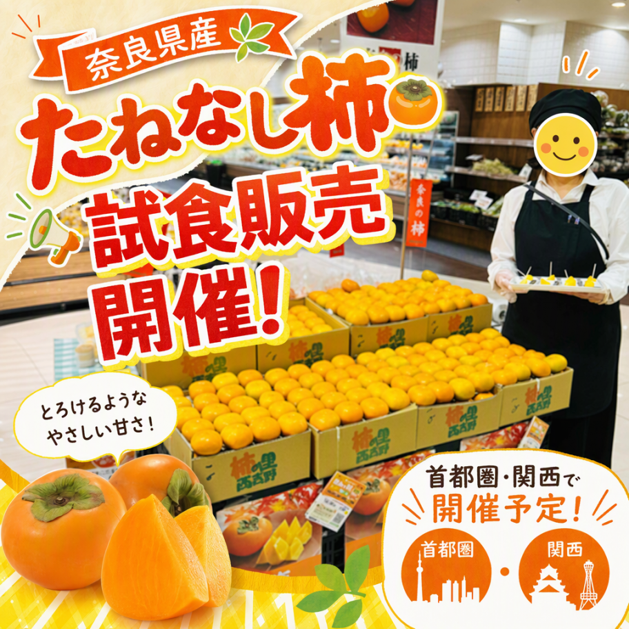 奈良県産「たねなし柿」の試食販売を、首都圏および関西圏のスーパー
