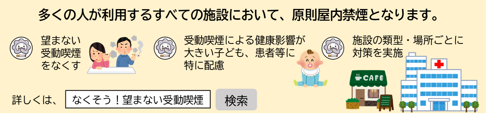 多くの人が利用するすべての施設において、原則屋内禁煙となります。
