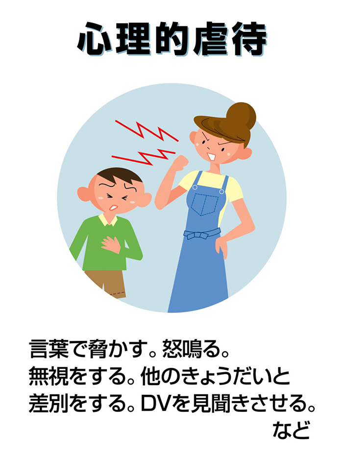 心理的虐待とは、言葉で脅かす・怒鳴る・無視をする・他のきょうだいと差別をする・DVを見聞きさせるなど