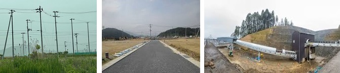 左・中:新しく造成された高田市街地に林立する電柱と電線、右:山を削る巨大ベルトコンベア