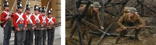 左：19世紀中頃の英軍兵士の軍装　右：映画「1971」の英軍兵士