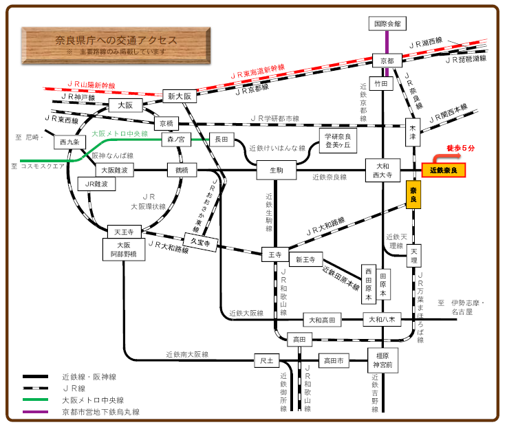 奈良県庁への交通アクセス（周辺鉄道図）
