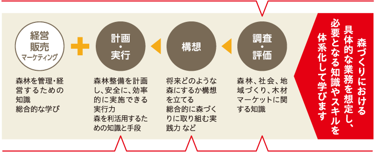 森づくりにおける具体的な業務を想定し、必要となる知識やスキルを体系化して学びます