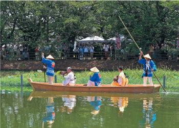 池を進む蓮取り舟
