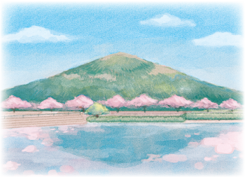 山と池が絵描かれた絵