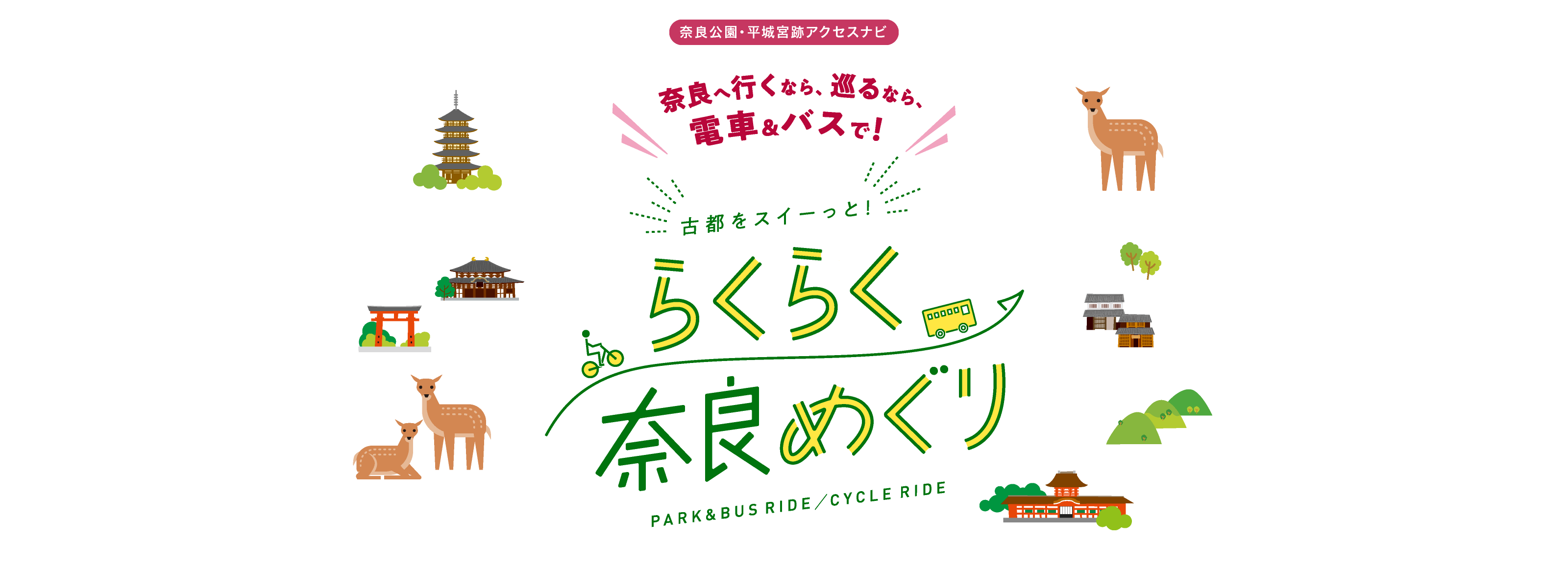 奈良公園・平城宮跡アクセスナビ　奈良へ行くなら、巡るなら、電車＆バスで！　古都をスイーっと！　らくらく奈良めぐり PARK&BUS RIDE/CYCLE RIDE