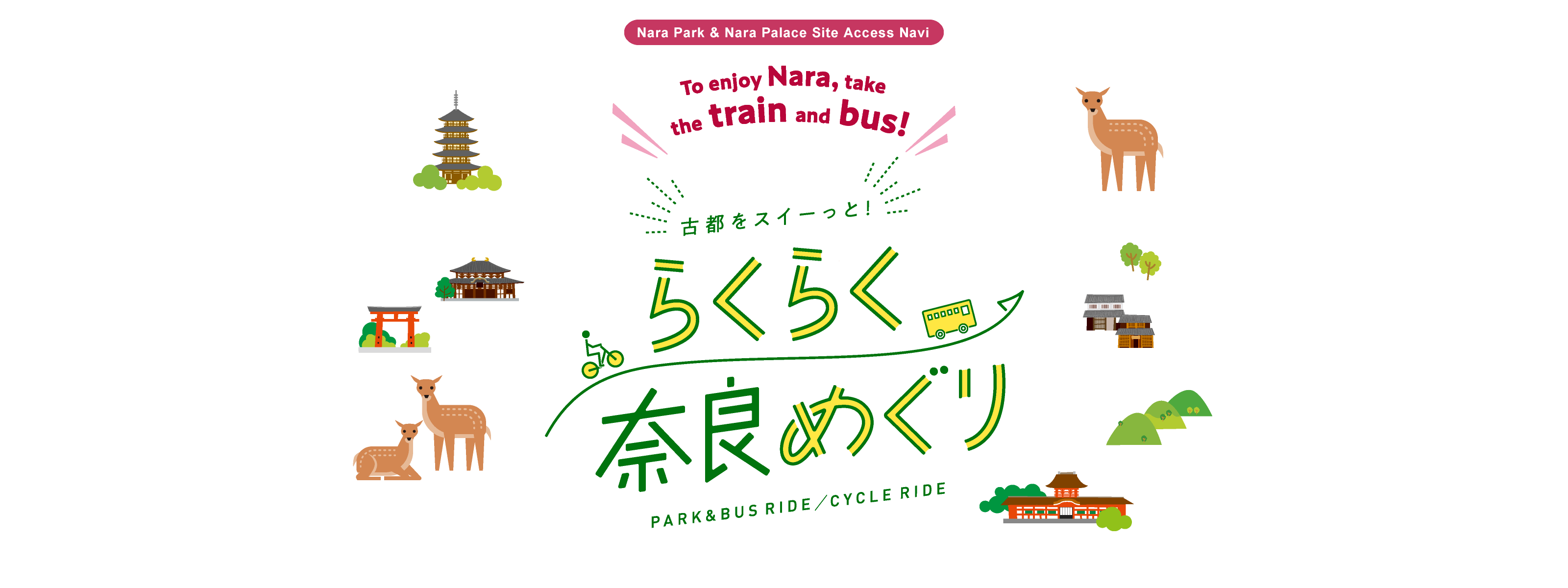 Nara Park & Nara Palace Site Access Navi. To enjoy Nara, take the train and bus! 　古都をスイーっと！　らくらく奈良めぐり PARK&BUS RIDE/CYCLE RIDE