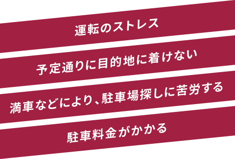 運転のストレス 予定通りに目的地に着けない 満車などにより、駐車場探しに苦労する 駐車料金がかかる